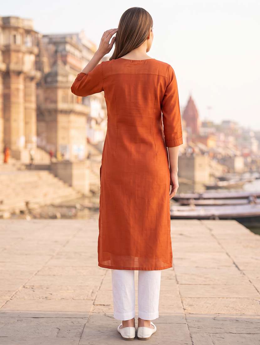 women embroidered three quarter sleeves straight kurta - 22618477 -  Standard Image - 4