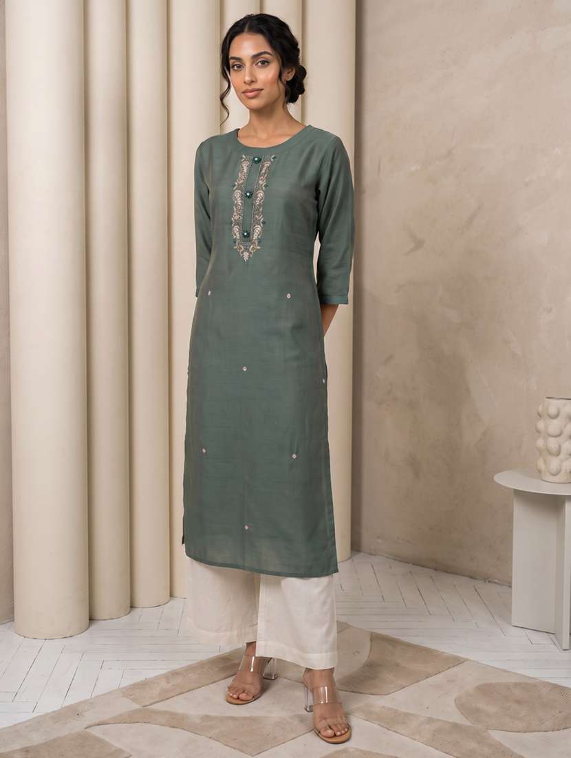 women embroidered three quarter sleeves straight kurta