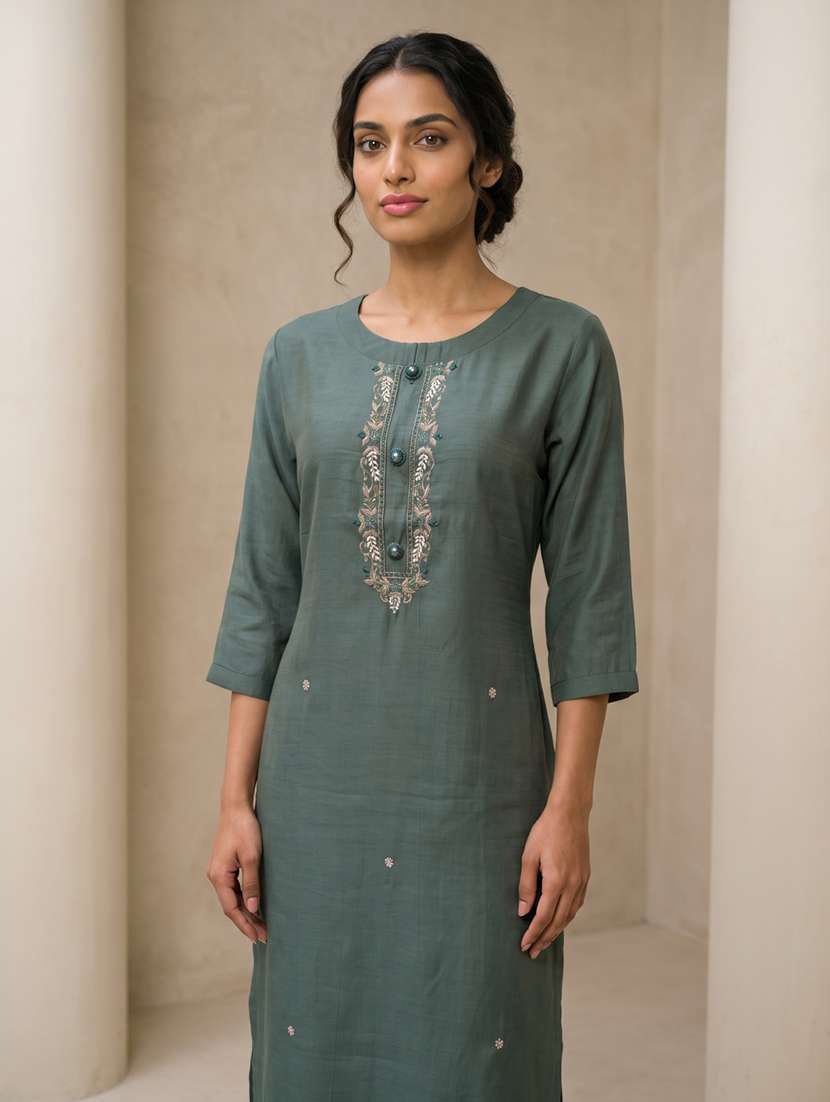 Women Embroidered Three Quarter Sleeves Straight Kurta - 22618480 -  Standard Image - 1