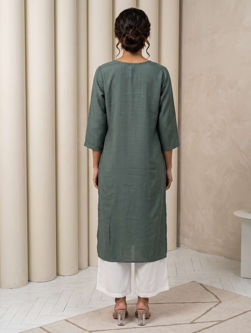 Women Embroidered Three Quarter Sleeves Straight Kurta - 22618480 -  Standard Image - 4
