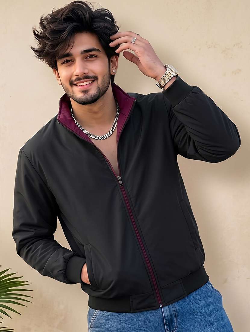 Men Solid Long Sleeves Reversible Bomber Jacket - 22618484 -  Standard Image - 1