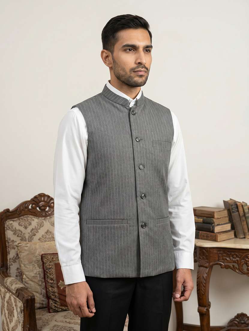 men striped sleeveless nehru jacket