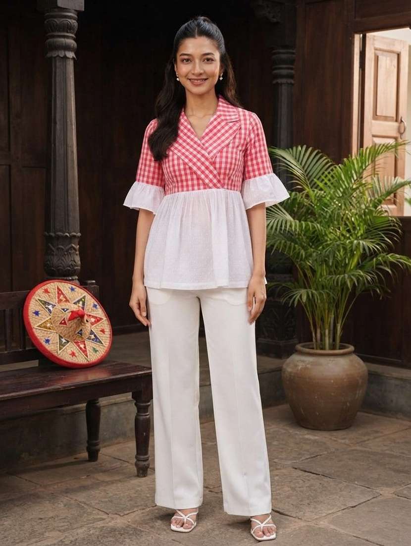 women checkered bell sleeves peplum top