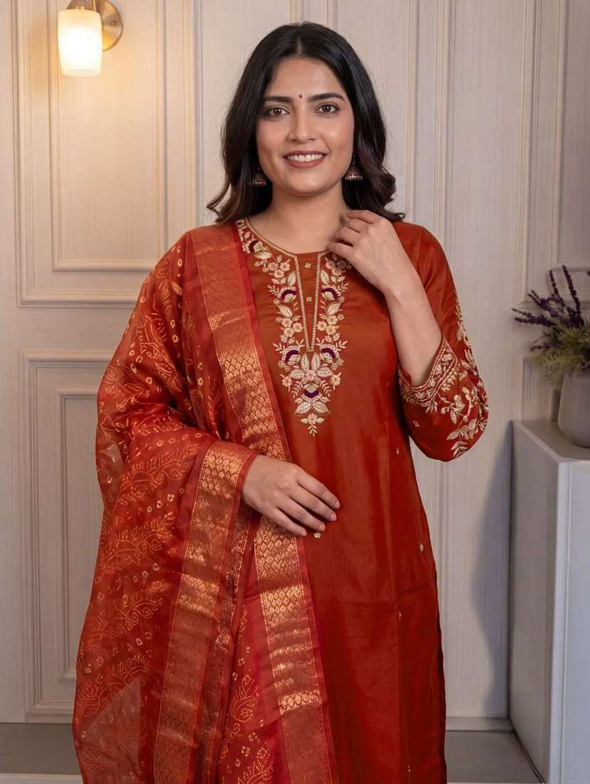 Women Embroidered Three Quarter Sleeves Kurta Pant Set With Dupatta - 22618818 -  Standard Image - 1
