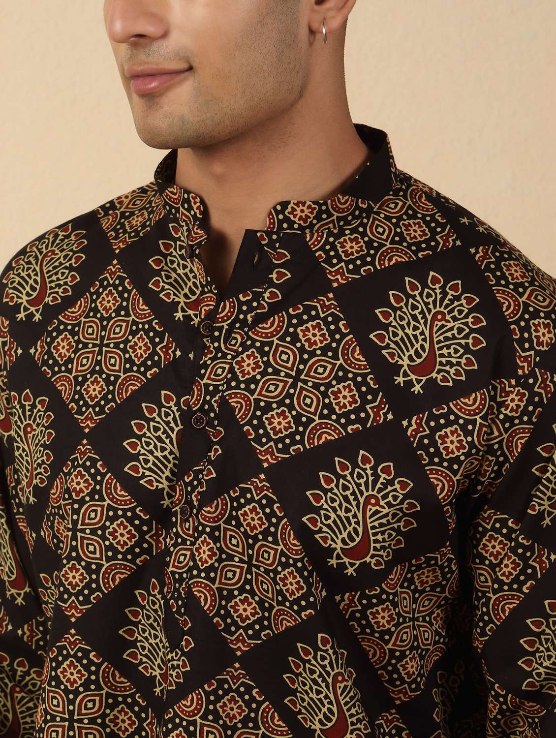 men printed mandarin neck short kurta - 22619189 -  Standard Image - 1