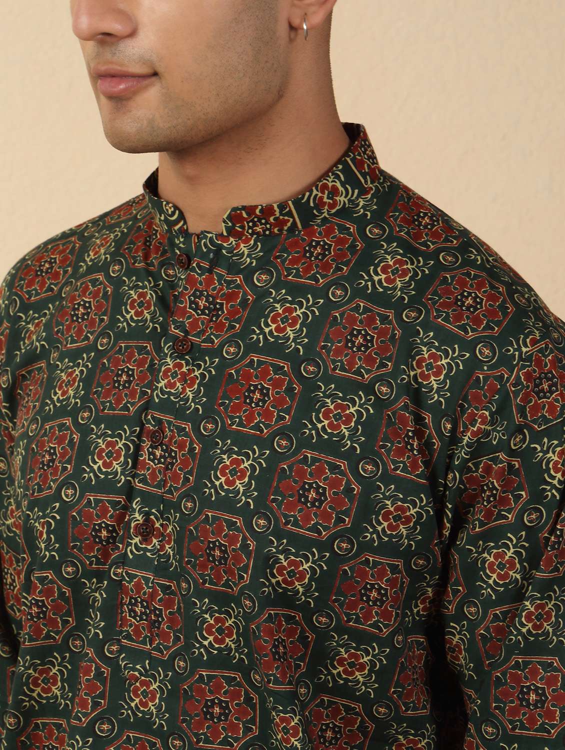 men printed mandarin neck short kurta - 22619190 -  Standard Image - 1