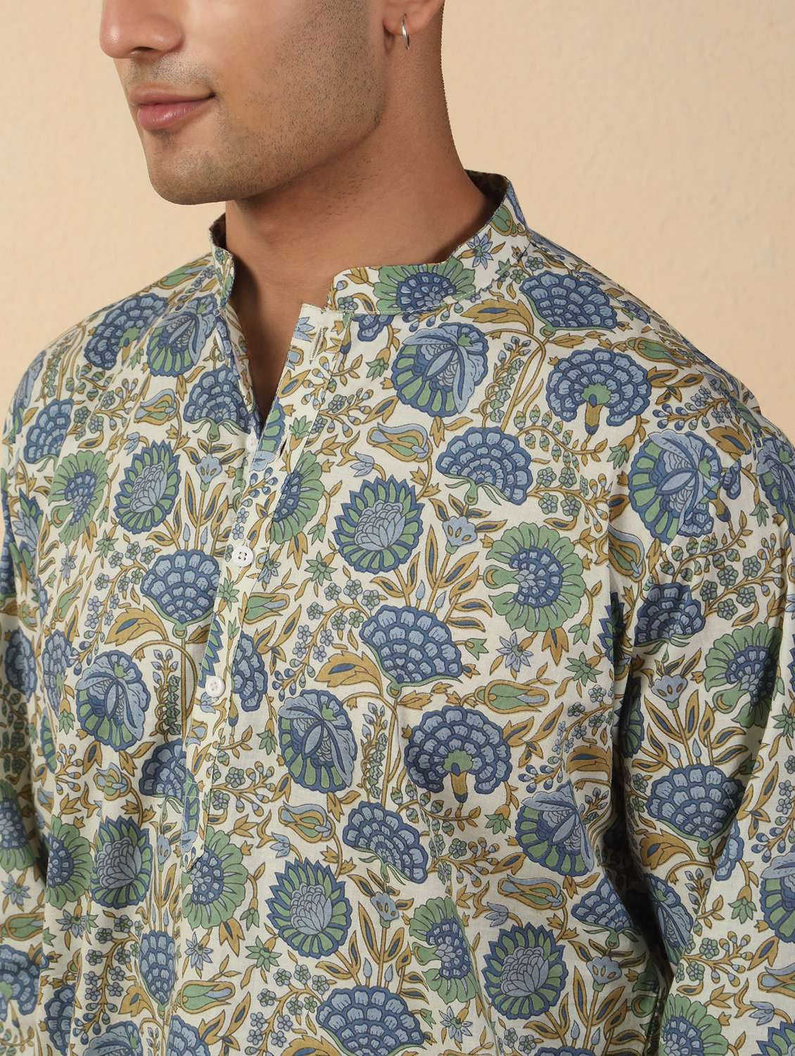 men printed mandarin neck short kurta - 22619191 -  Standard Image - 1