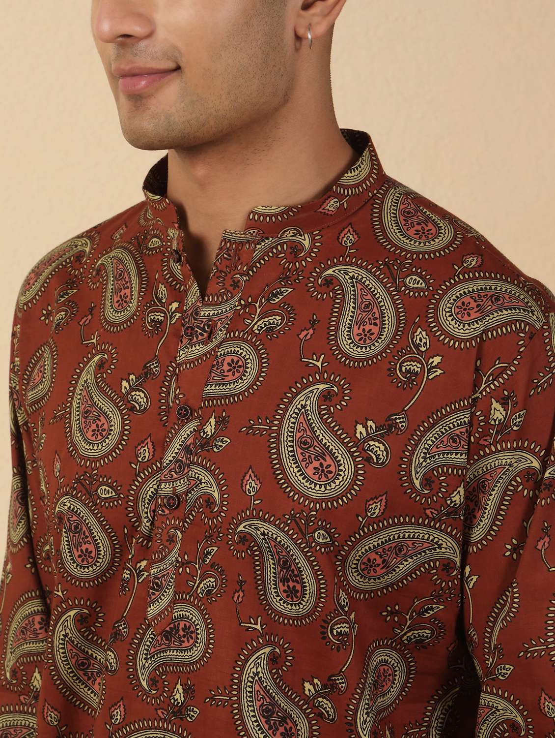 men printed mandarin neck short kurta - 22619193 -  Standard Image - 1