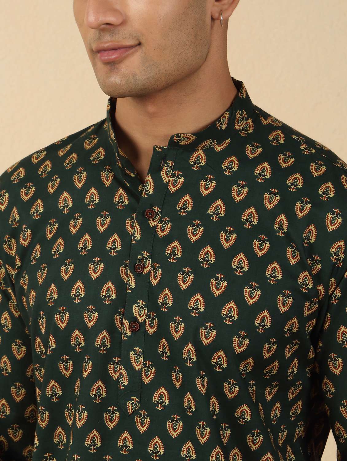 men printed mandarin neck short kurta - 22619195 -  Standard Image - 1