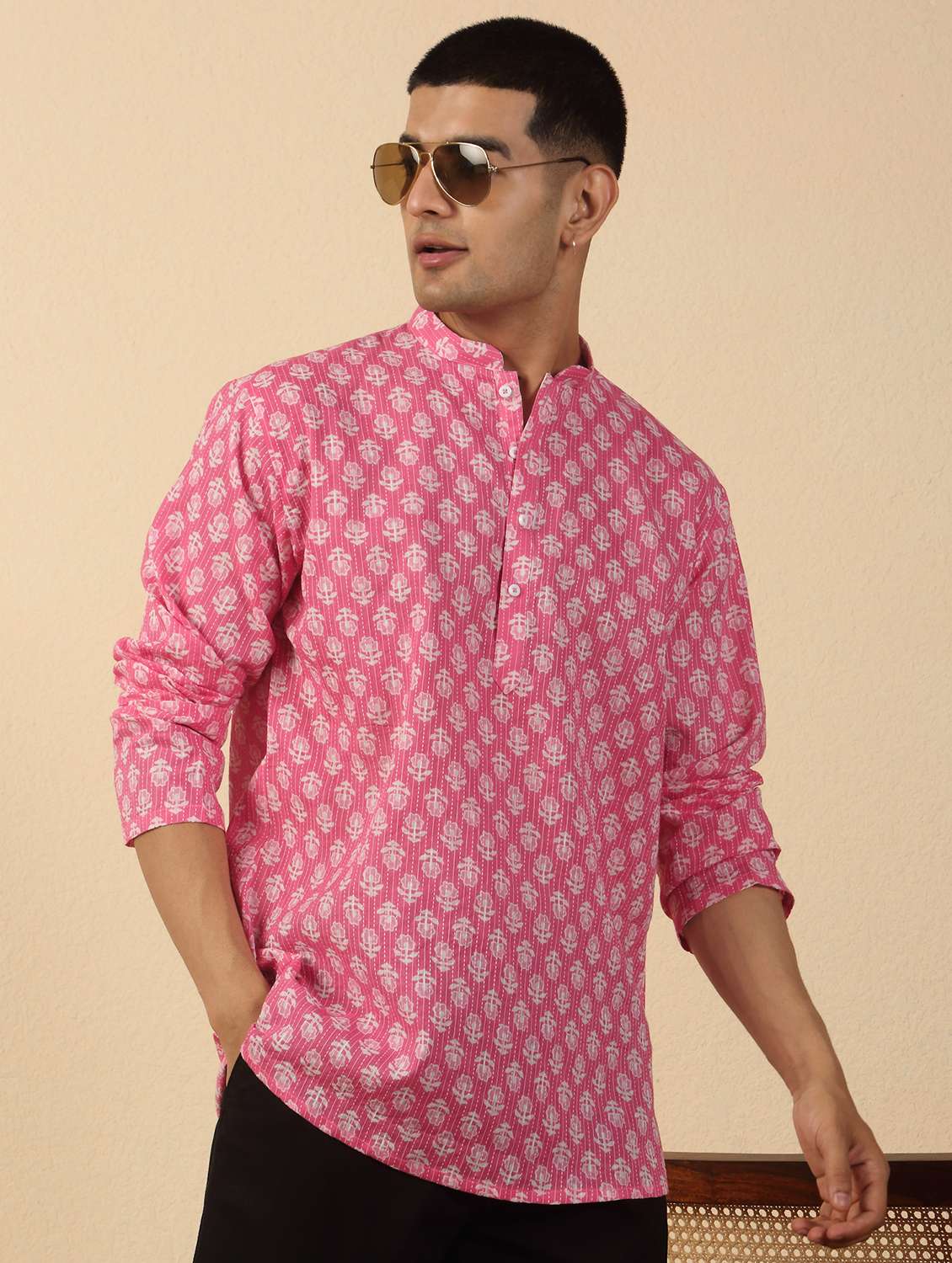 men printed mandarin neck short kurta