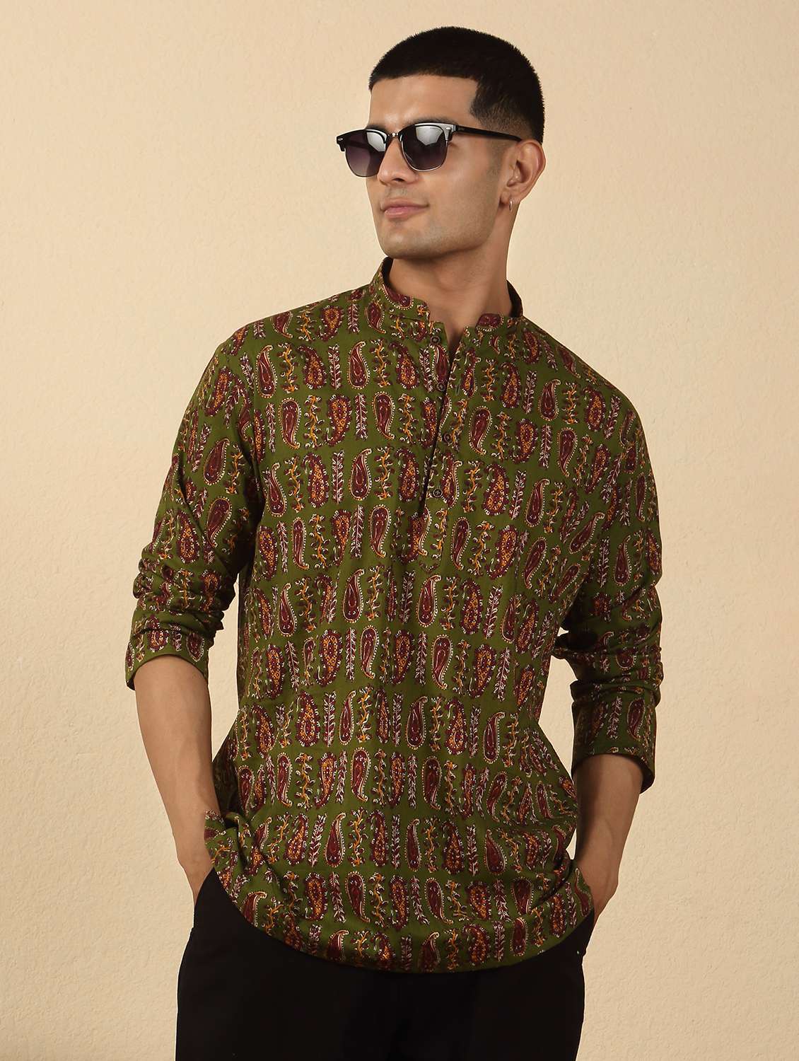 men printed mandarin neck short kurta