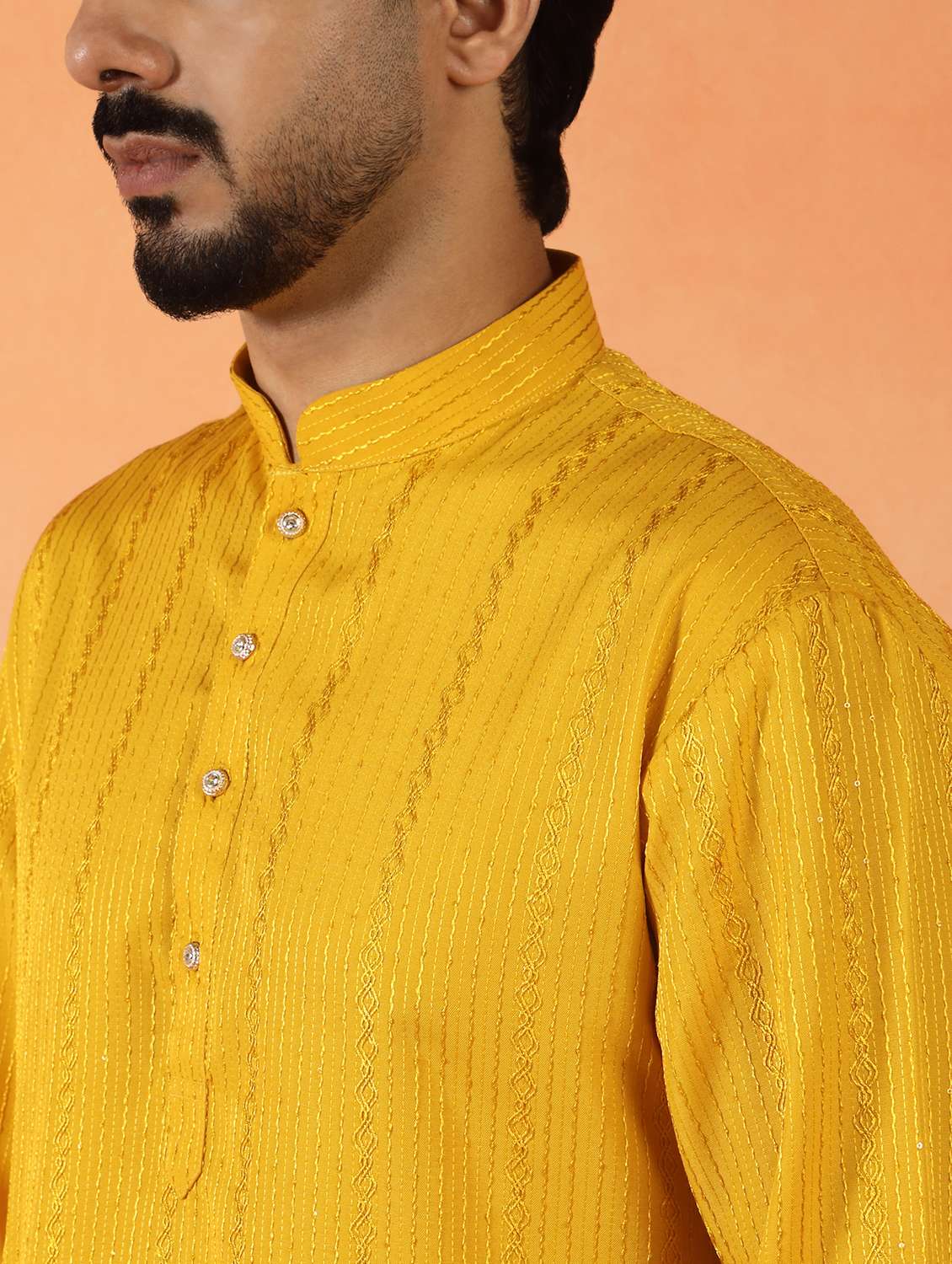 men solid with work mandarin neck long kurta - 22619248 -  Standard Image - 1