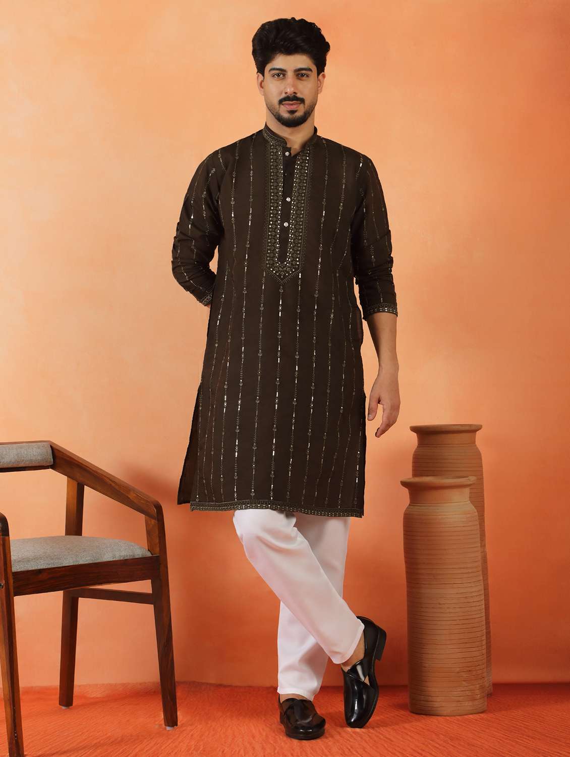 men solid with work mandarin neck long kurta