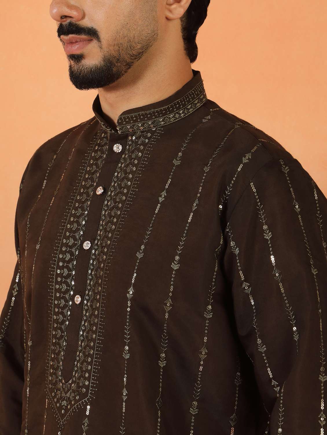 men solid with work mandarin neck long kurta - 22619249 -  Standard Image - 1