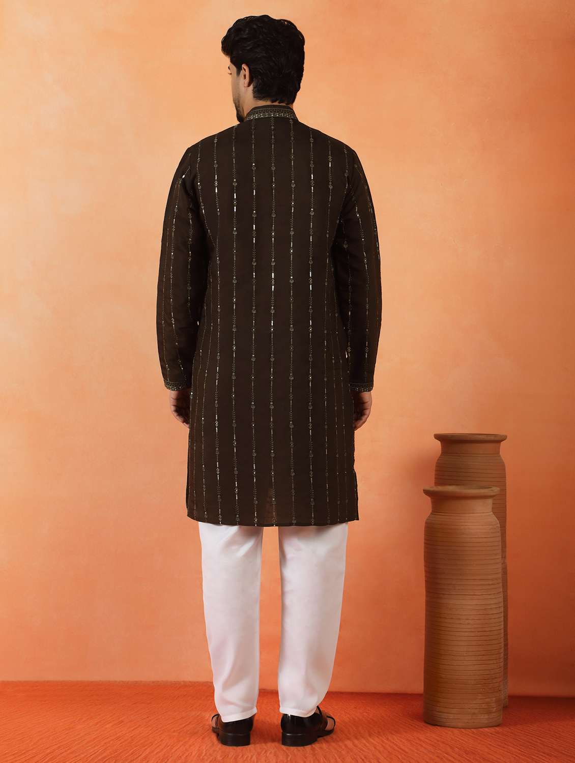 men solid with work mandarin neck long kurta - 22619249 -  Standard Image - 4
