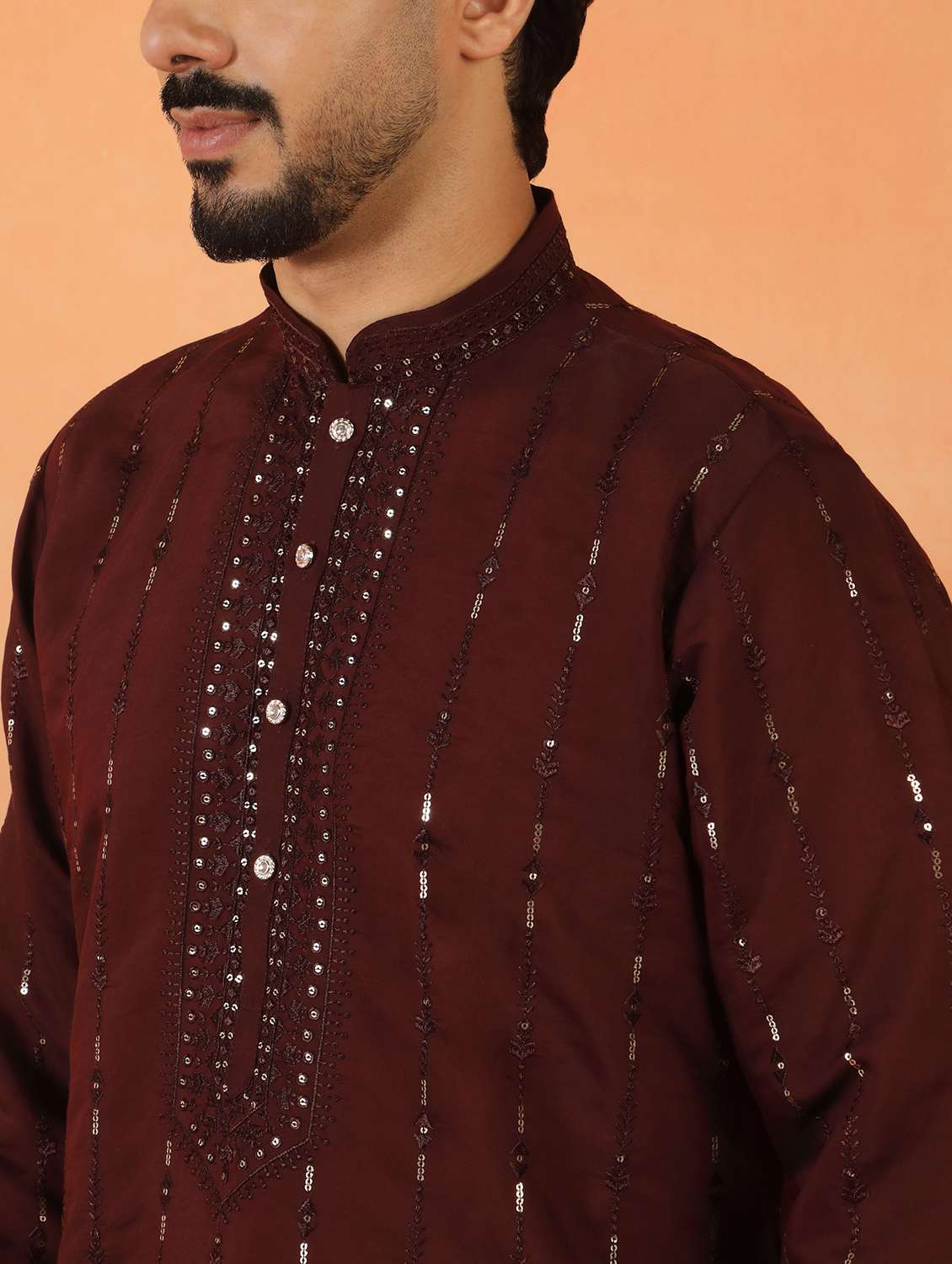 men solid with work mandarin neck long kurta - 22619250 -  Standard Image - 1