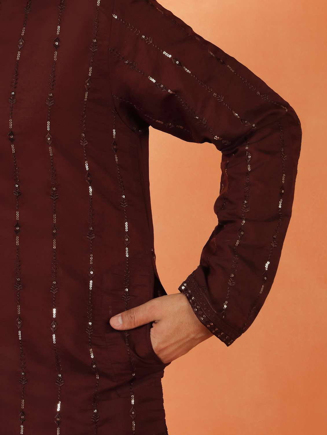 men solid with work mandarin neck long kurta - 22619250 -  Standard Image - 4