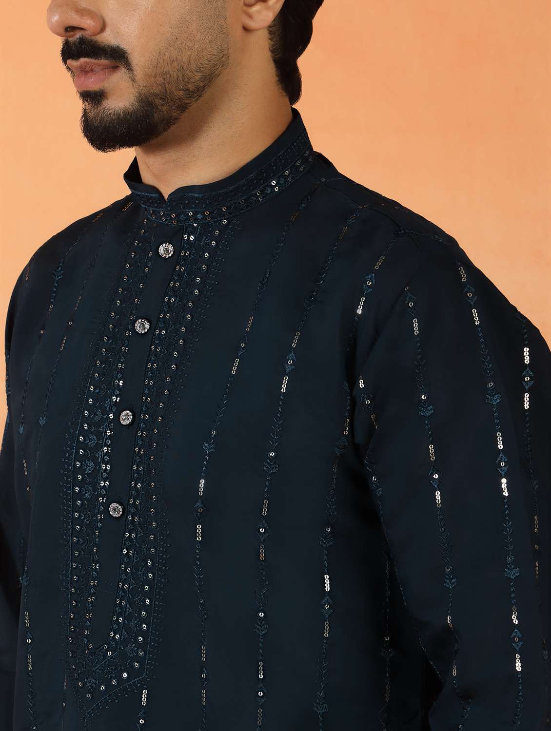 men solid with work mandarin neck long kurta - 22619251 -  Standard Image - 1