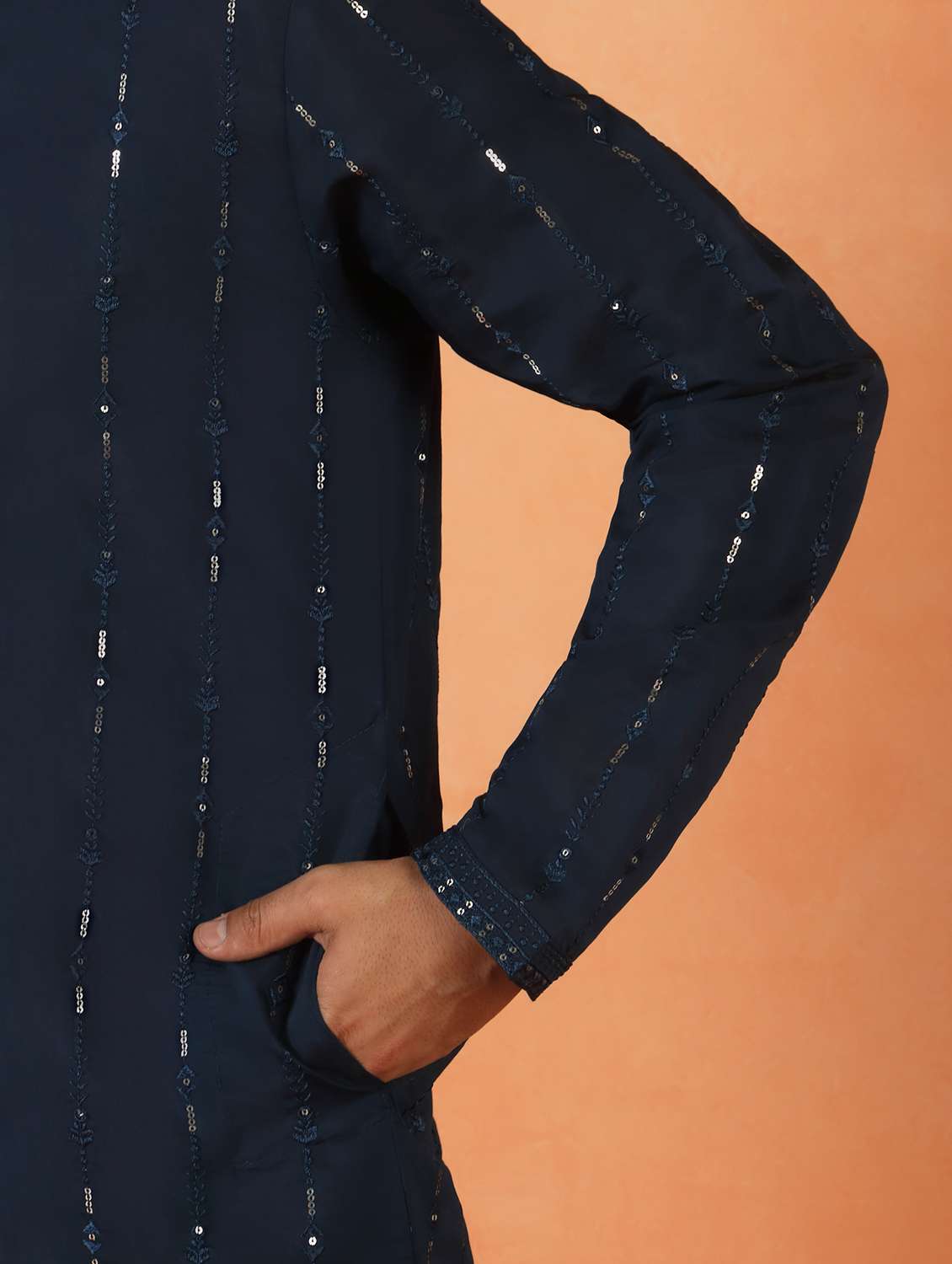 men solid with work mandarin neck long kurta - 22619251 -  Standard Image - 4