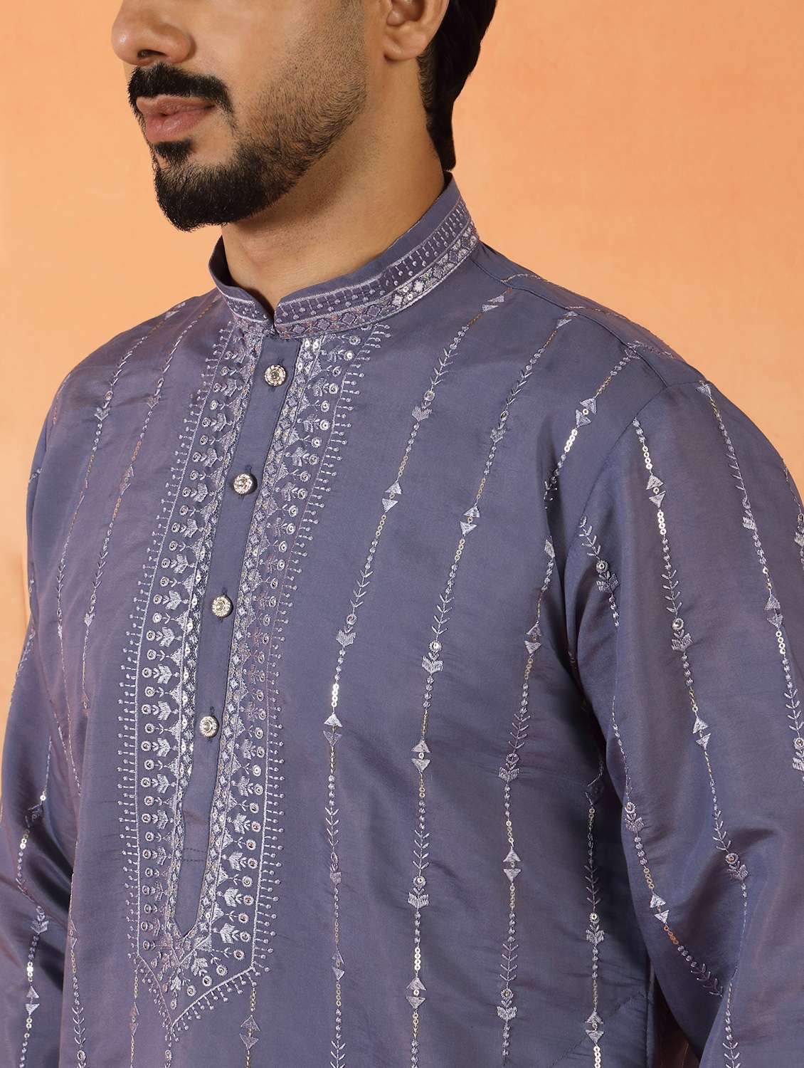 men solid with work mandarin neck long kurta - 22619252 -  Standard Image - 1