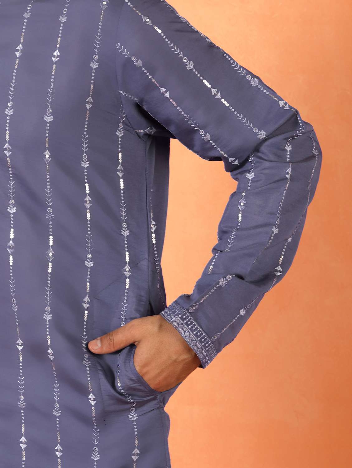 men solid with work mandarin neck long kurta - 22619252 -  Standard Image - 4
