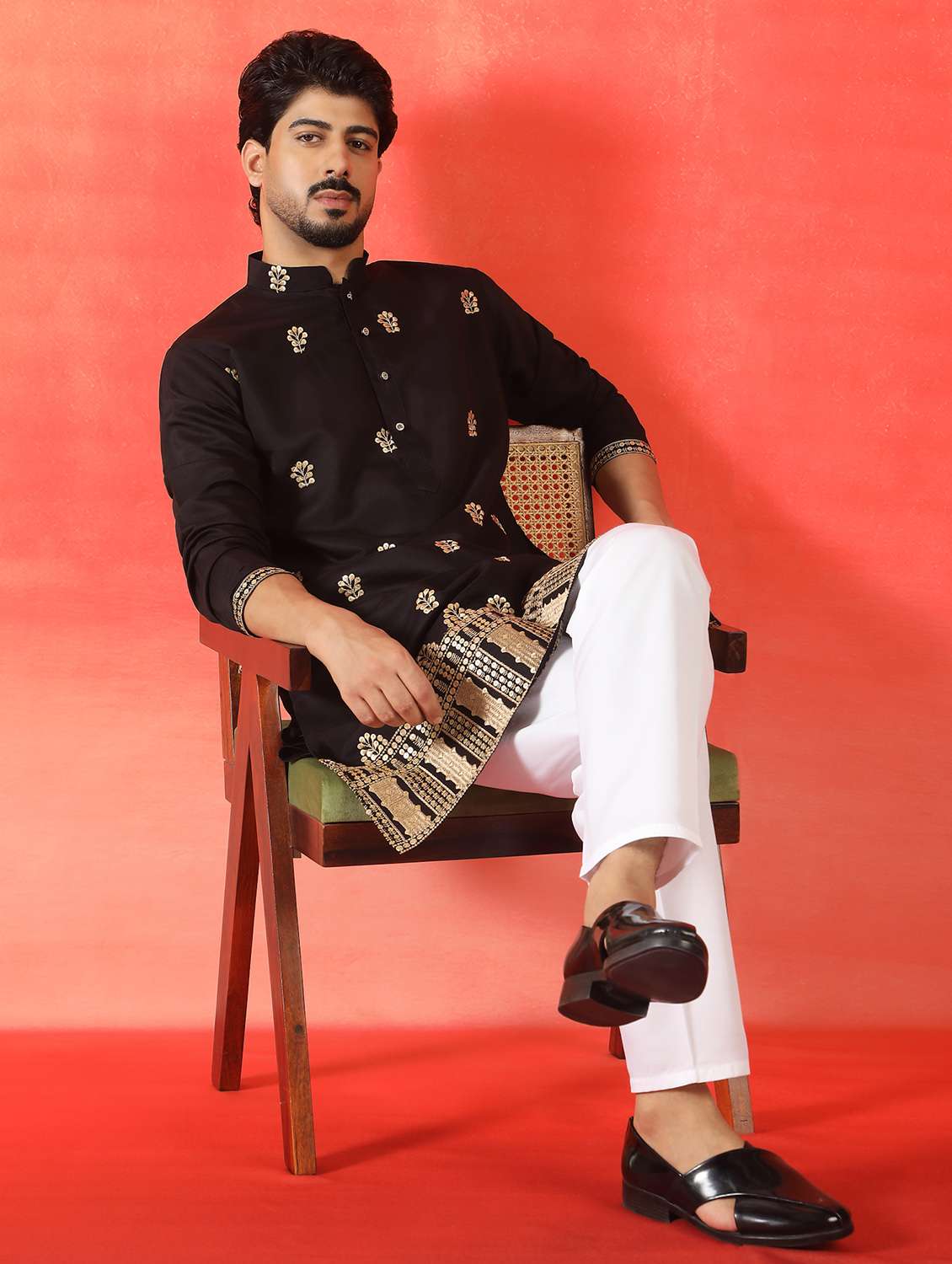 men solid with work mandarin neck long kurta