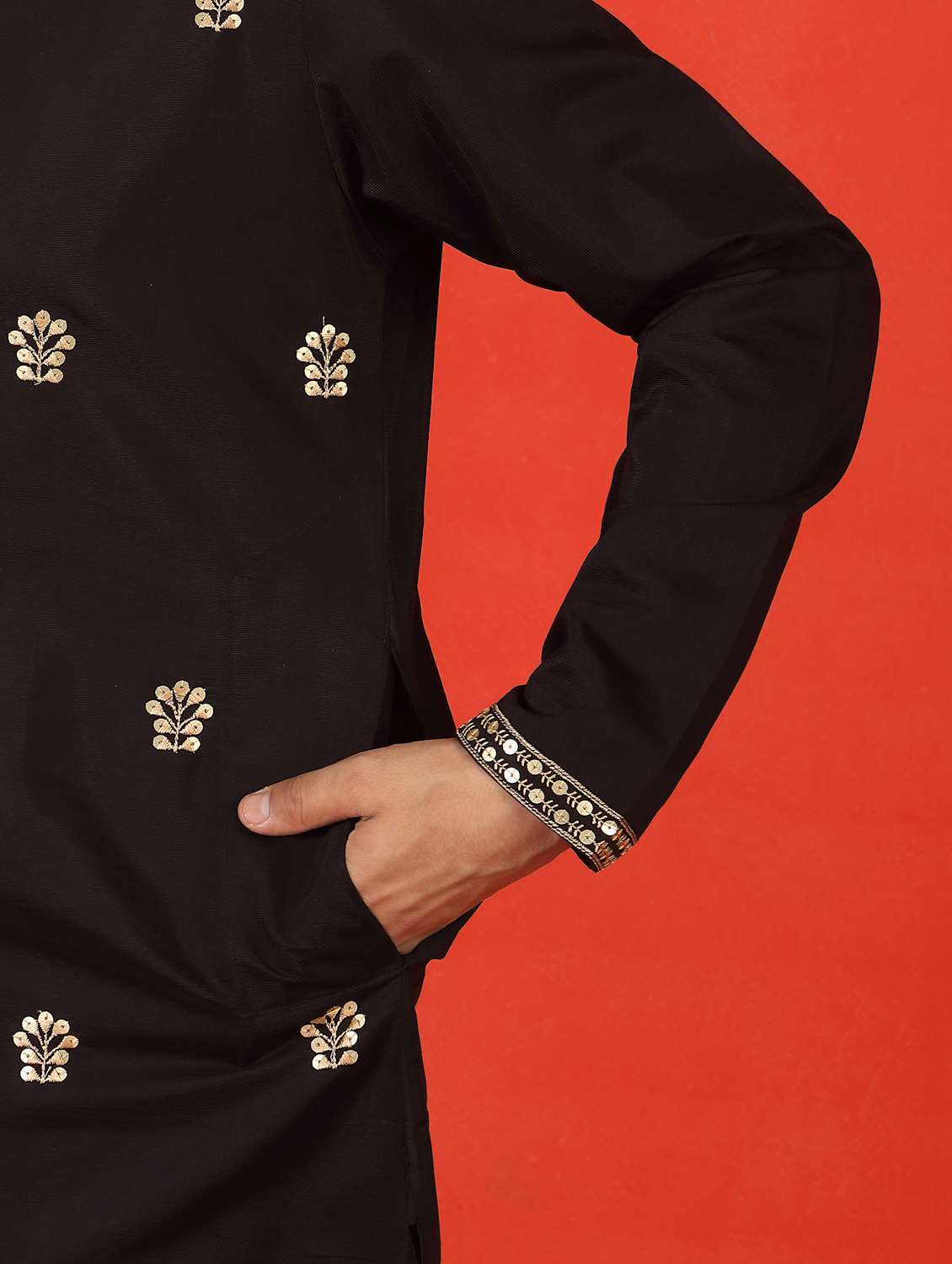 men solid with work mandarin neck long kurta - 22619253 -  Standard Image - 4