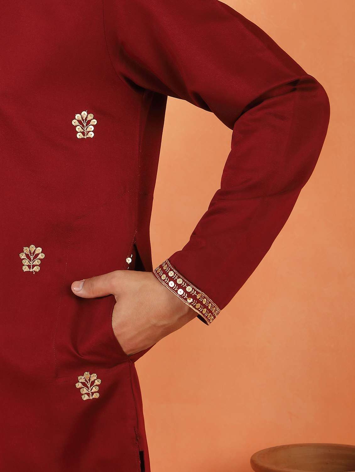 men solid with work mandarin neck long kurta - 22619255 -  Standard Image - 4