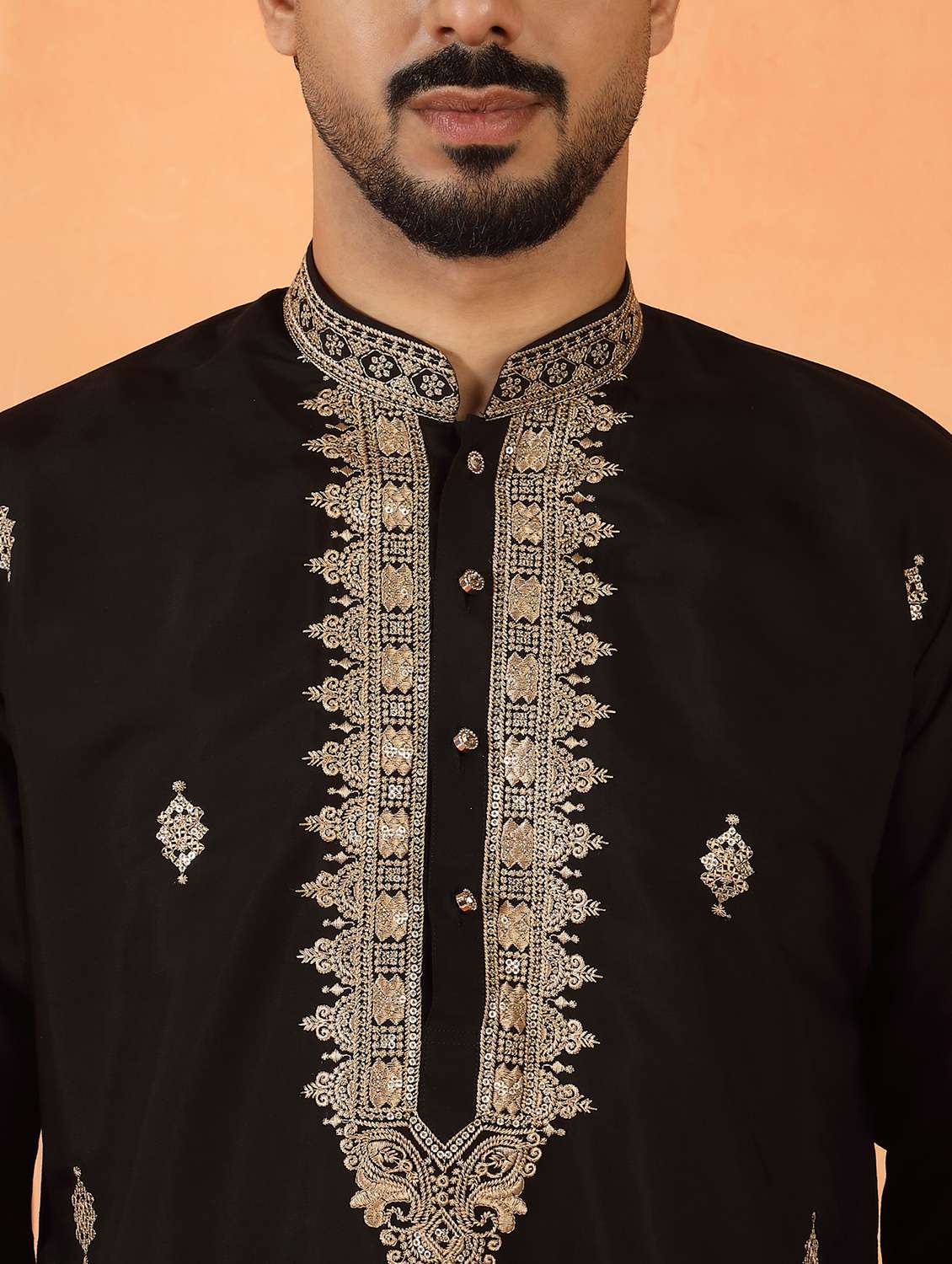 men solid with work mandarin neck long kurta - 22619256 -  Standard Image - 1