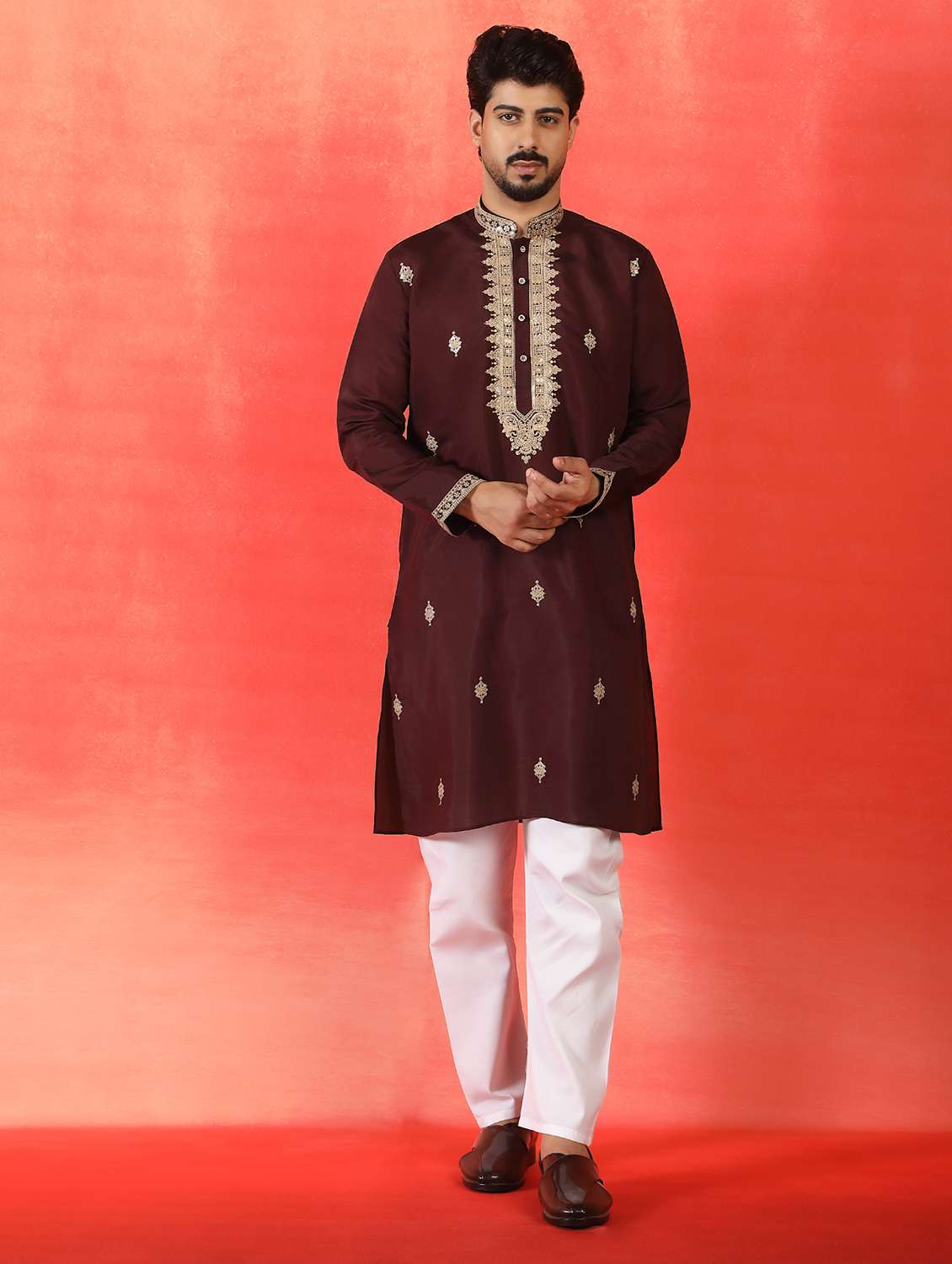men solid with work mandarin neck long kurta