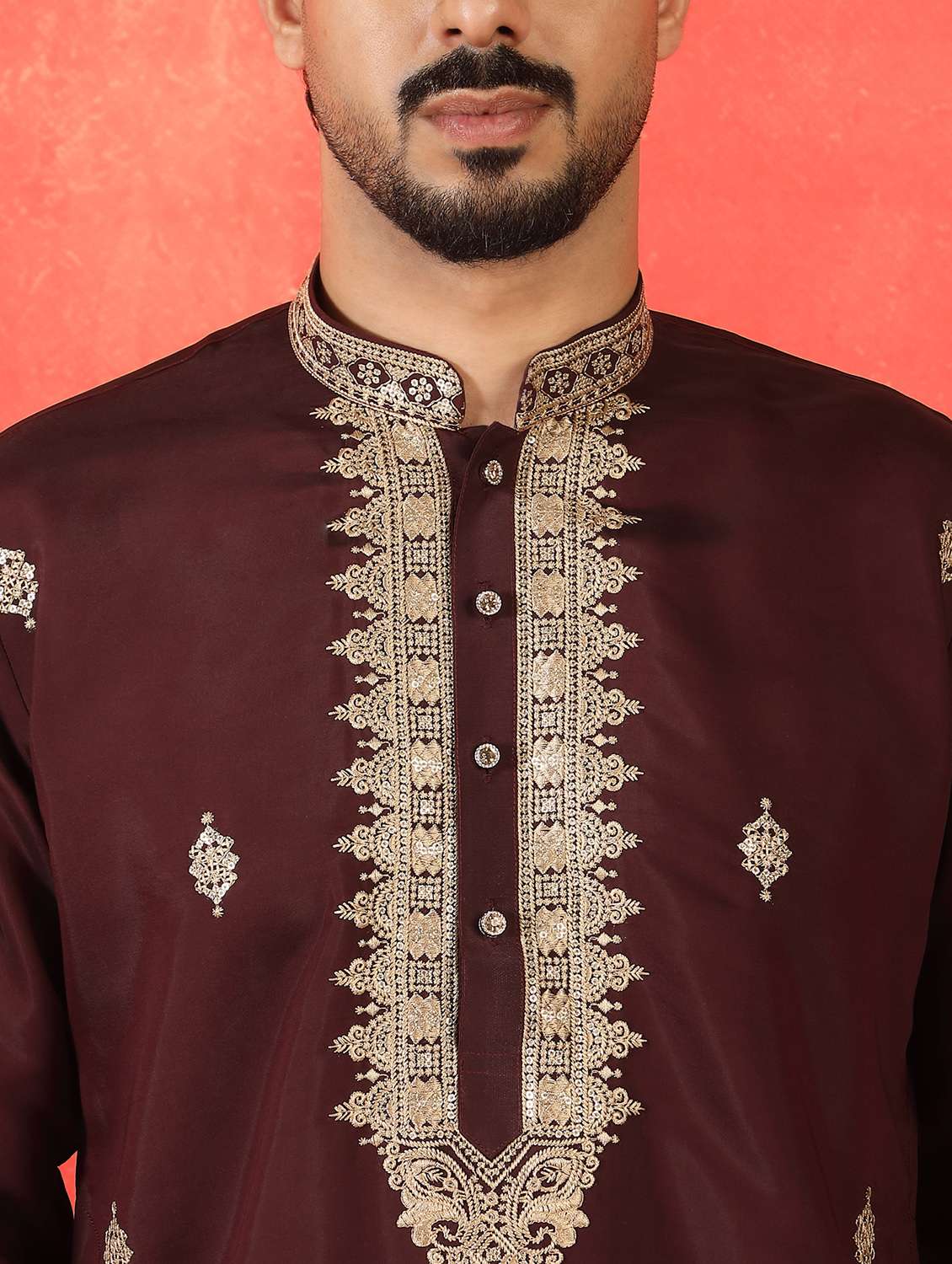 men solid with work mandarin neck long kurta - 22619257 -  Standard Image - 1