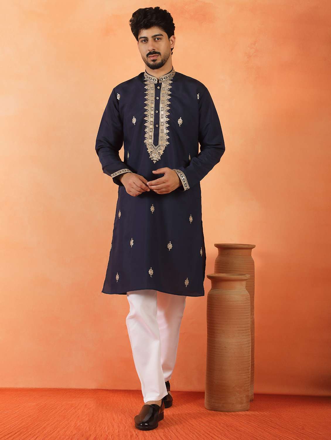 men solid with work mandarin neck long kurta