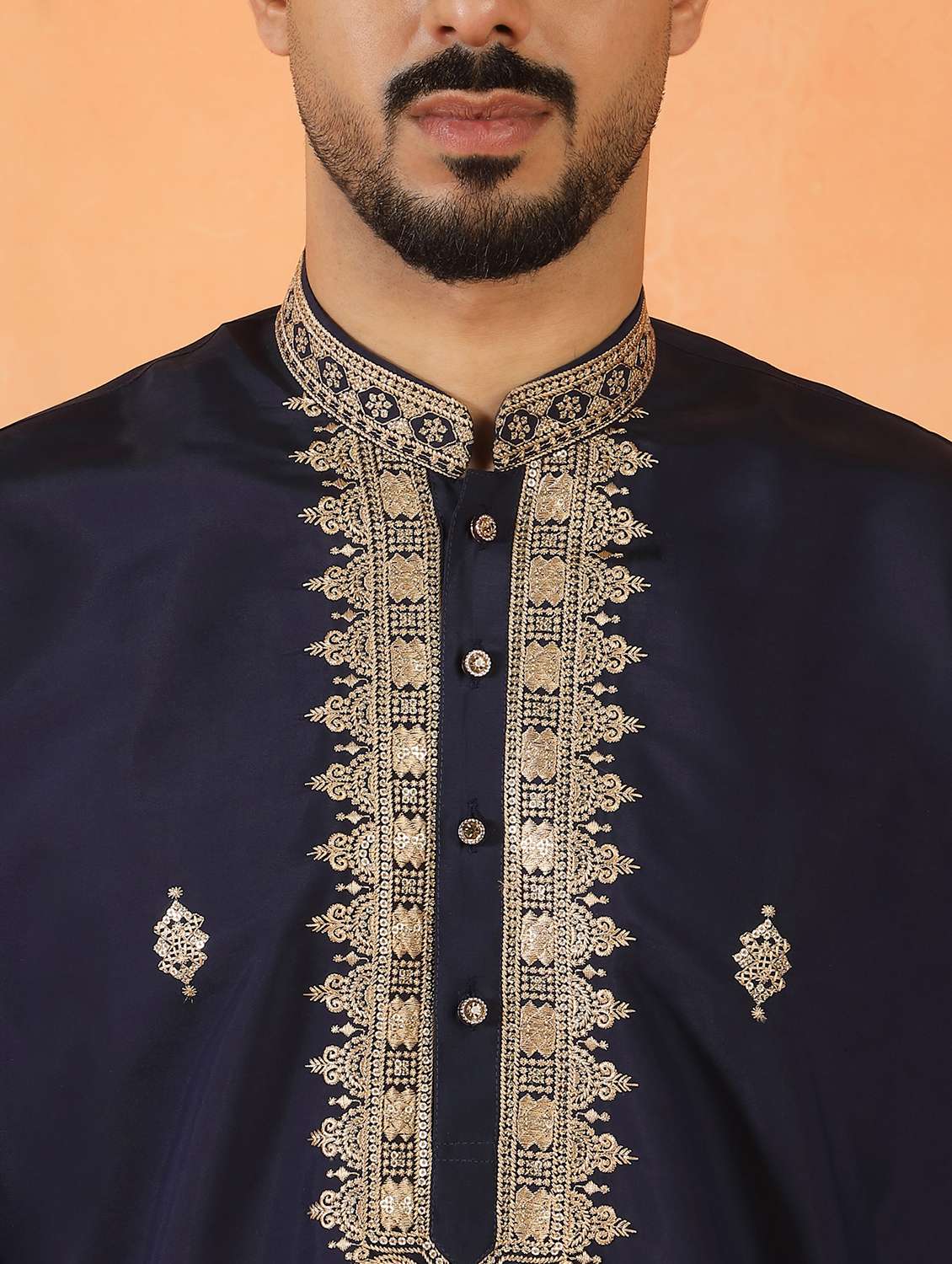 men solid with work mandarin neck long kurta - 22619258 -  Standard Image - 1