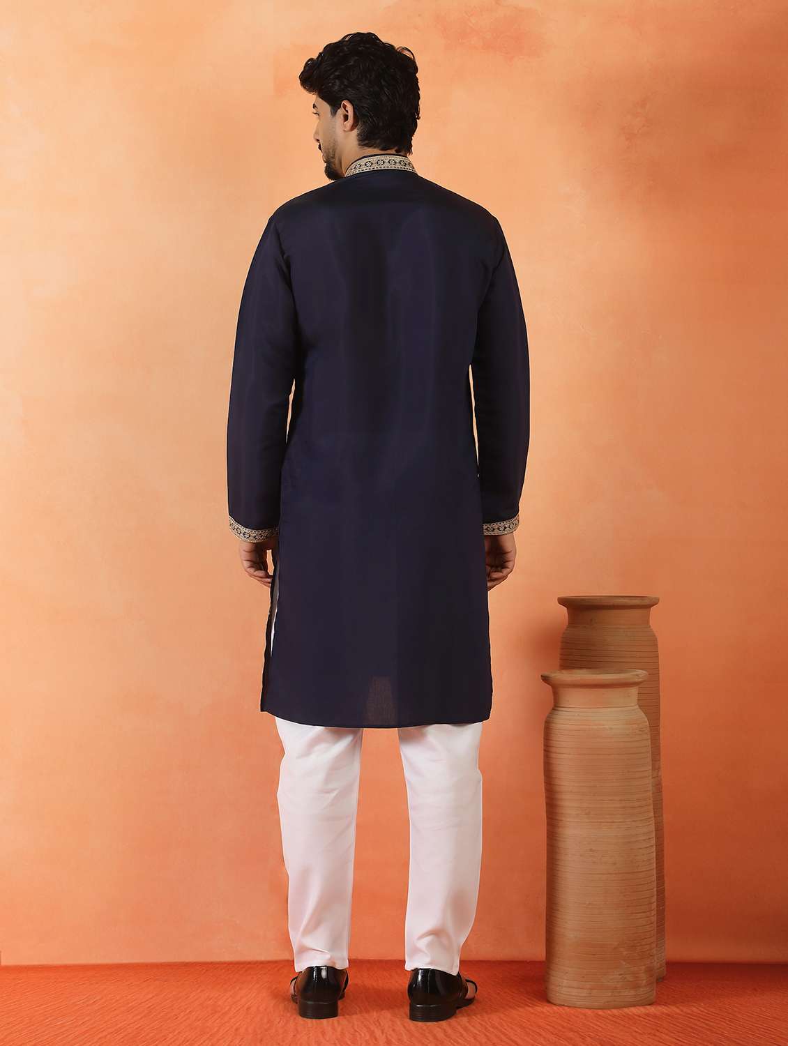 men solid with work mandarin neck long kurta - 22619258 -  Standard Image - 4