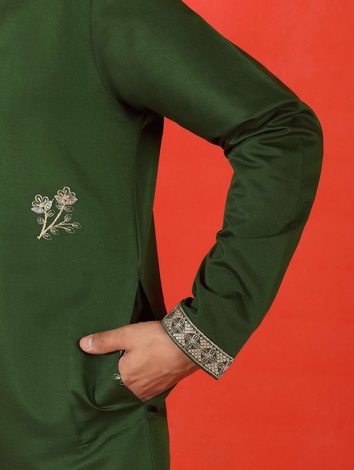 men solid with work mandarin neck long kurta - 22619259 -  Standard Image - 4
