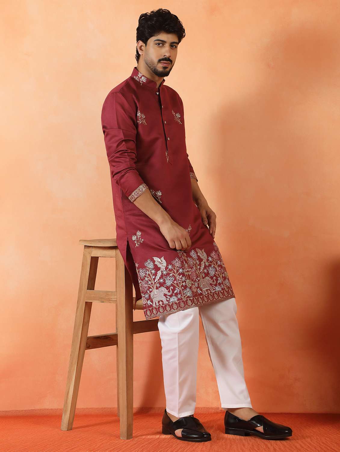 men solid with work mandarin neck long kurta