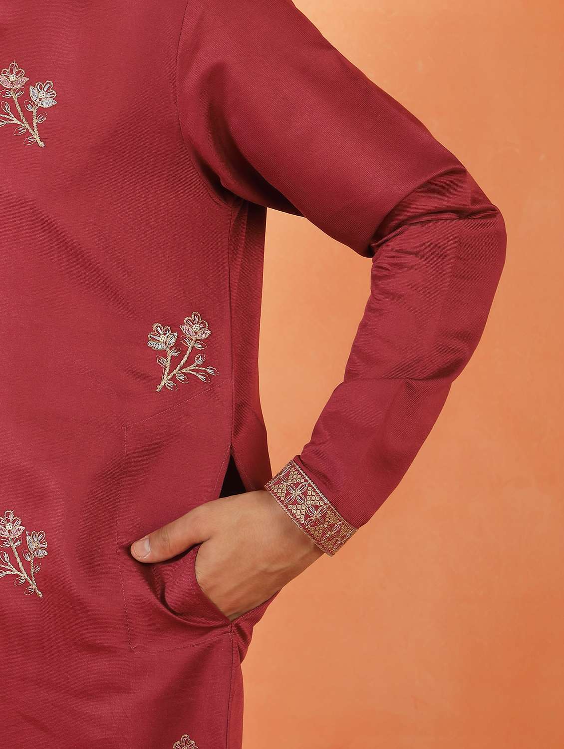 men solid with work mandarin neck long kurta - 22619260 -  Standard Image - 4