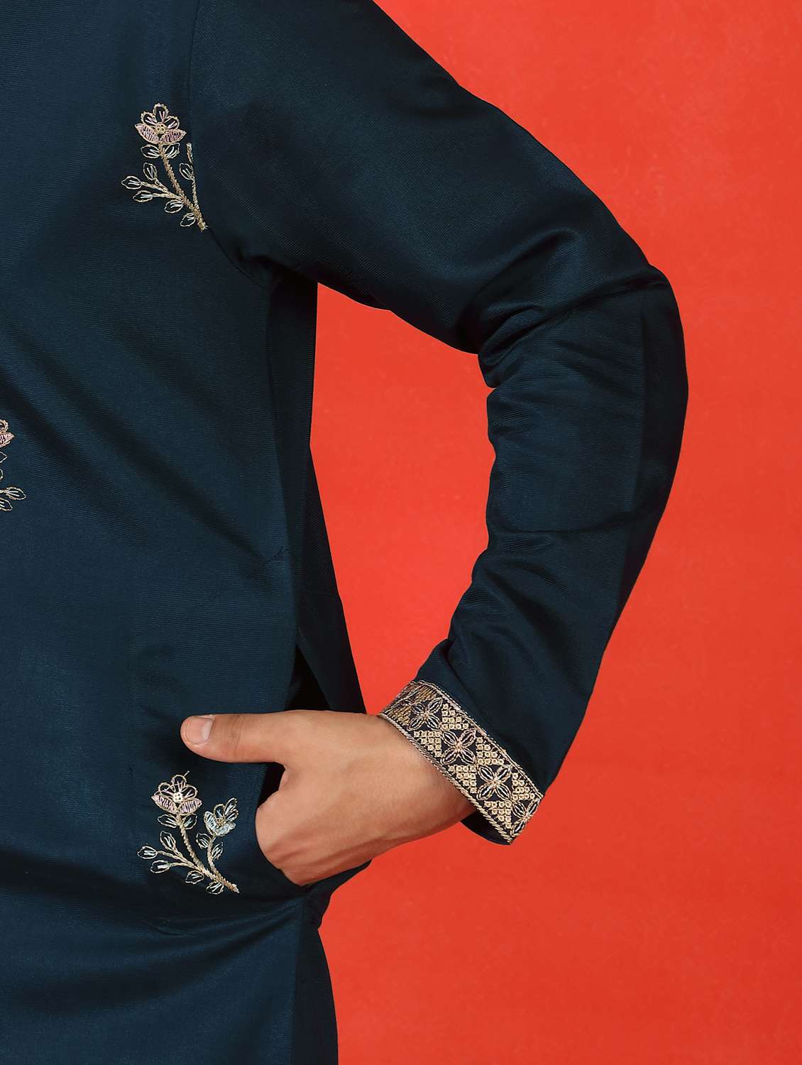 men solid with work mandarin neck long kurta - 22619261 -  Standard Image - 4