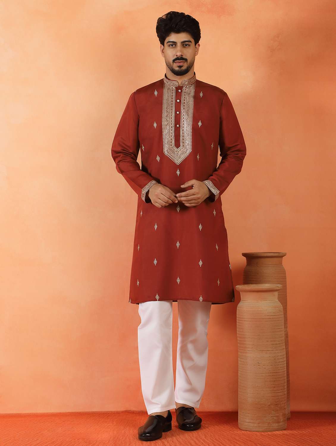 men solid with work mandarin neck long kurta
