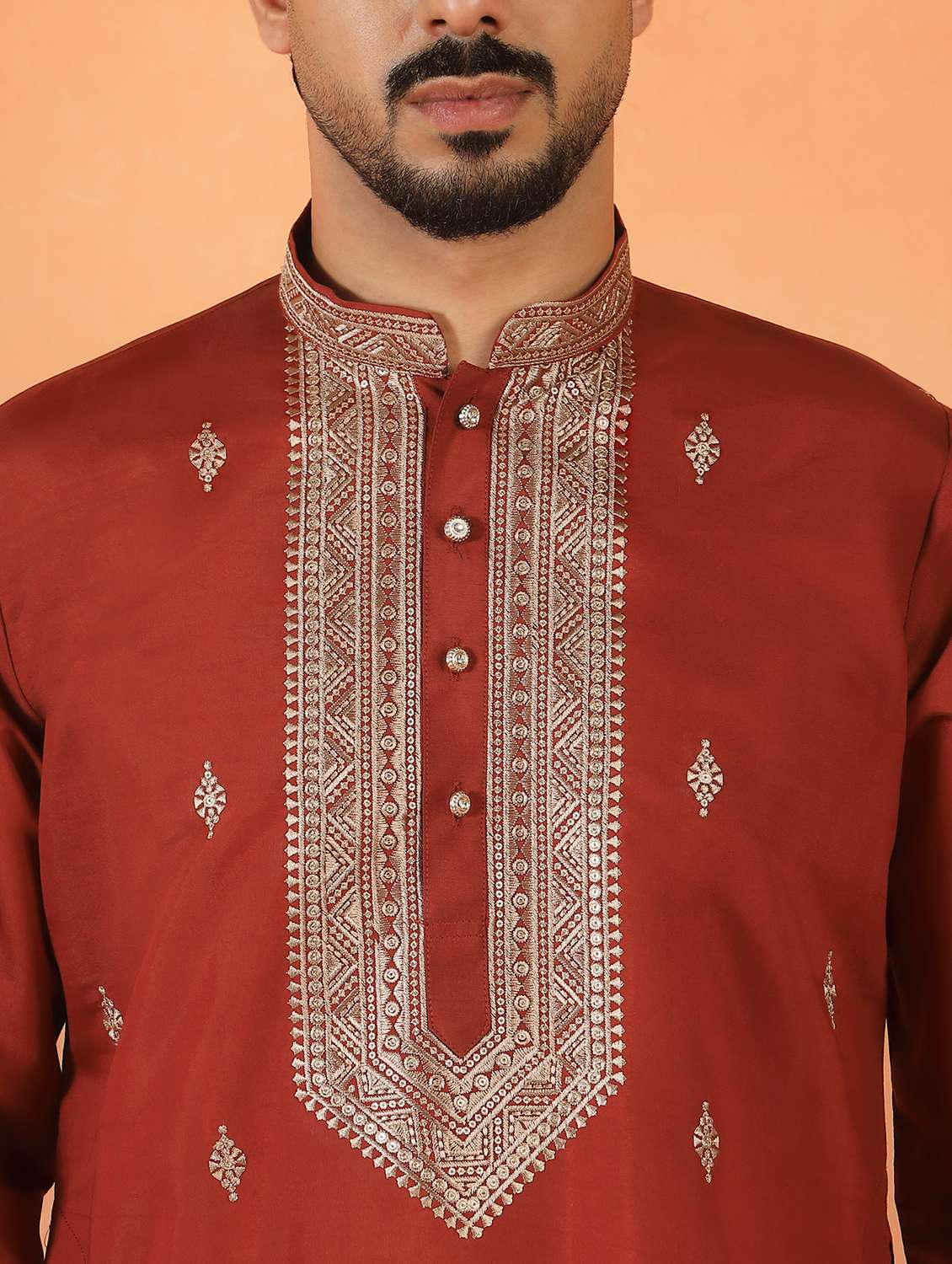 men solid with work mandarin neck long kurta - 22619262 -  Standard Image - 1