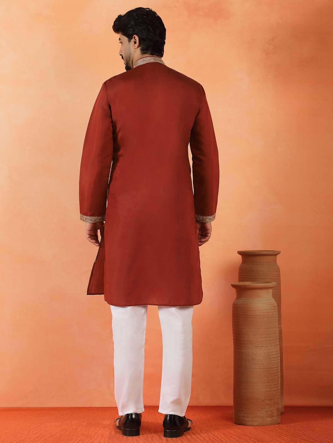 men solid with work mandarin neck long kurta - 22619262 -  Standard Image - 4