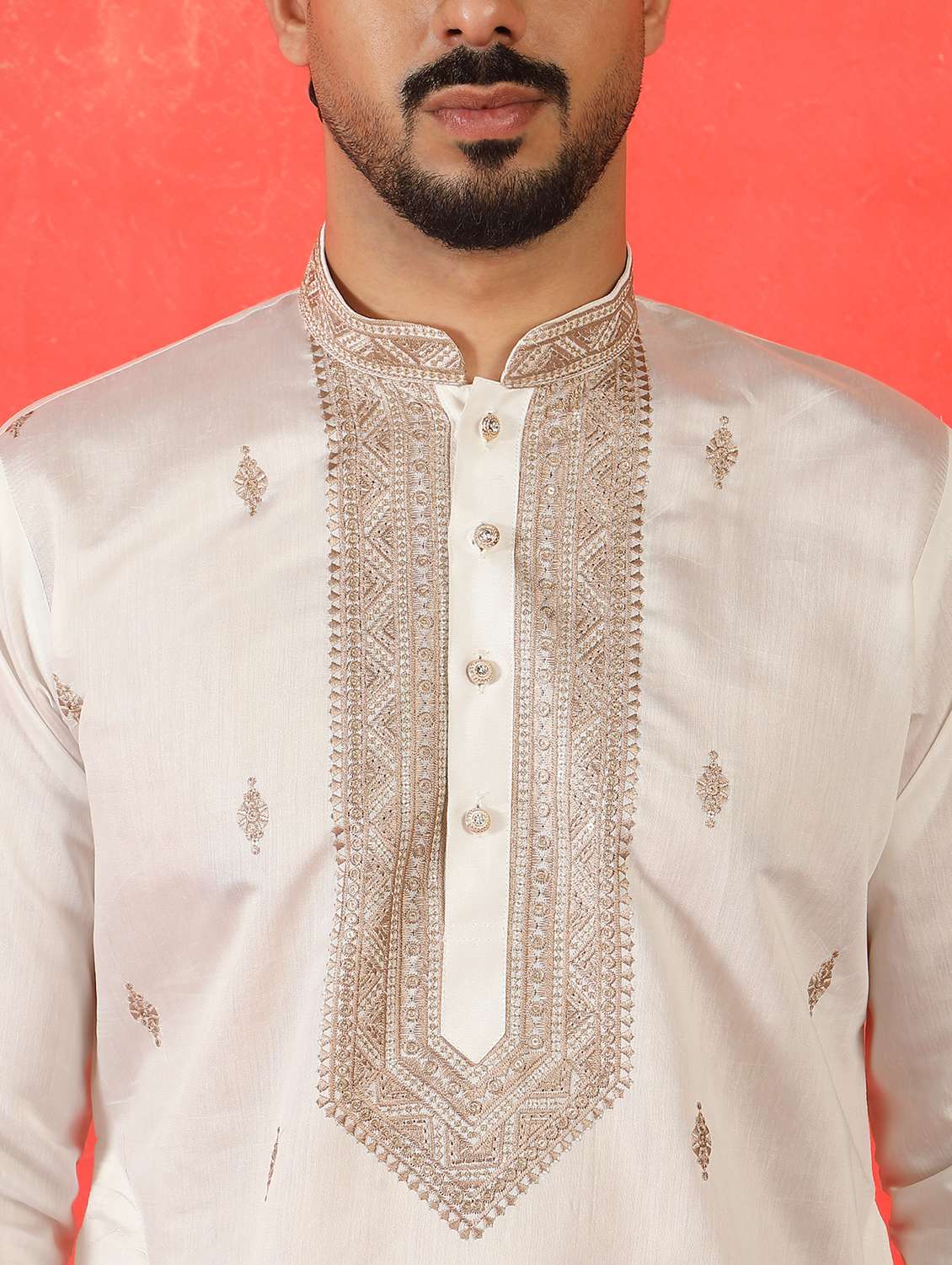 men solid with work mandarin neck long kurta - 22619263 -  Standard Image - 1
