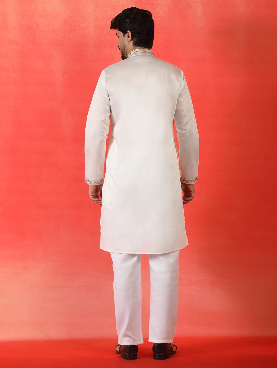 men solid with work mandarin neck long kurta - 22619263 -  Standard Image - 4