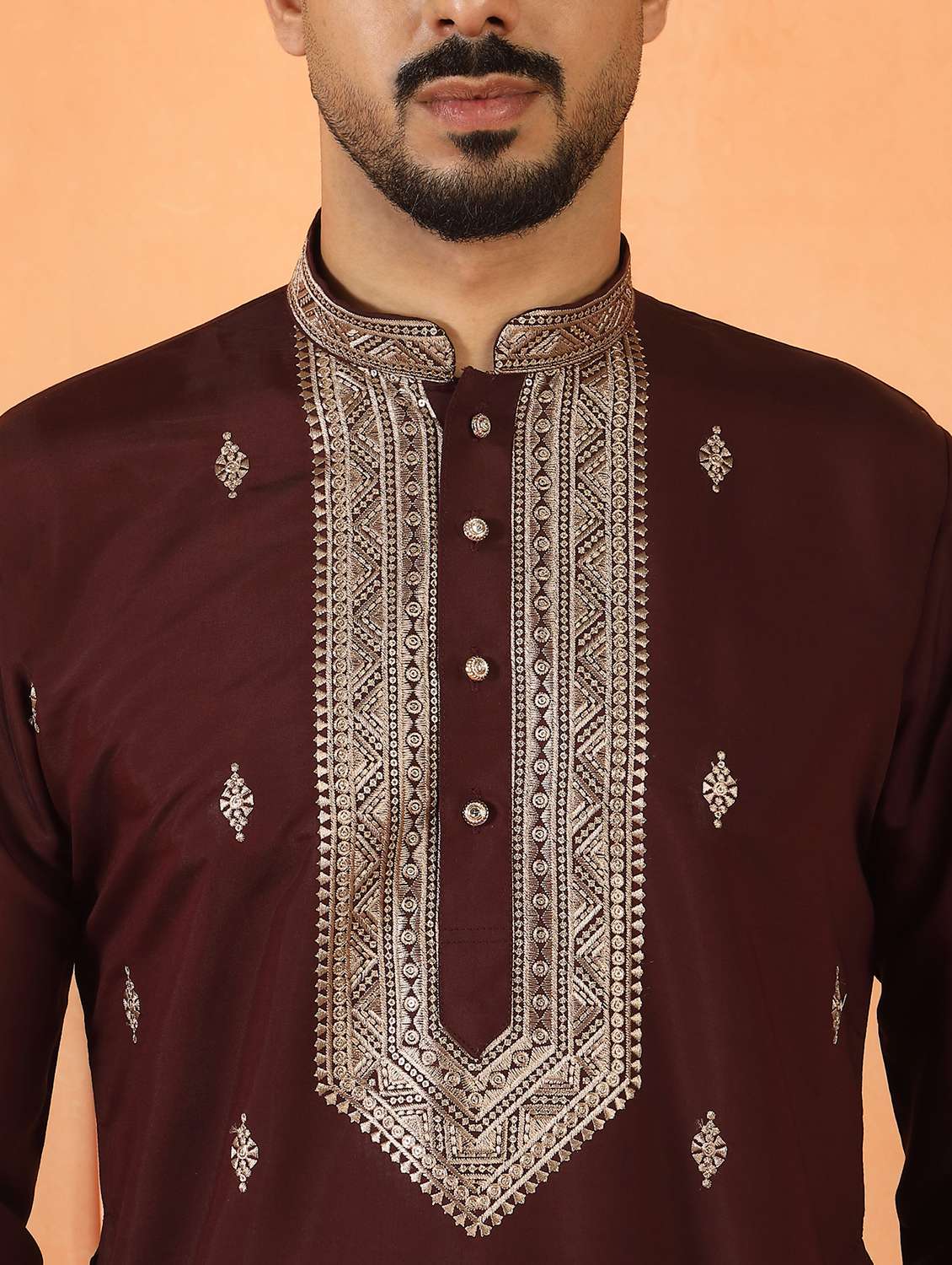 men solid with work mandarin neck long kurta - 22619264 -  Standard Image - 1