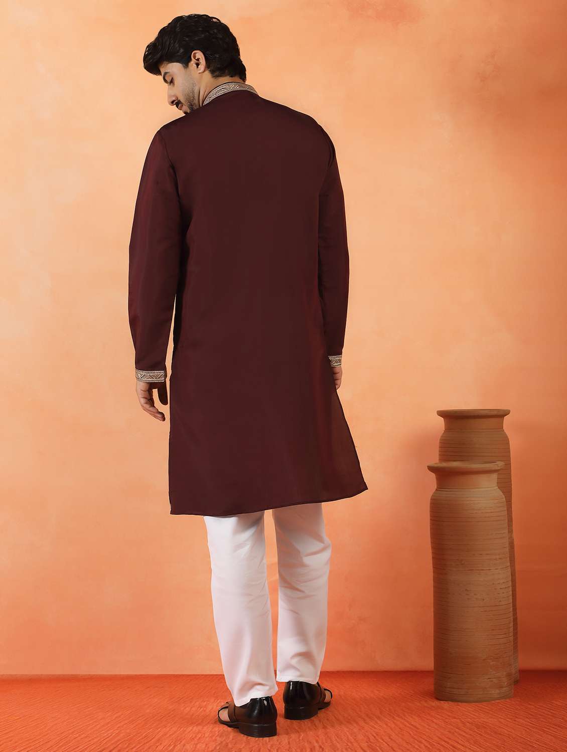 men solid with work mandarin neck long kurta - 22619264 -  Standard Image - 4