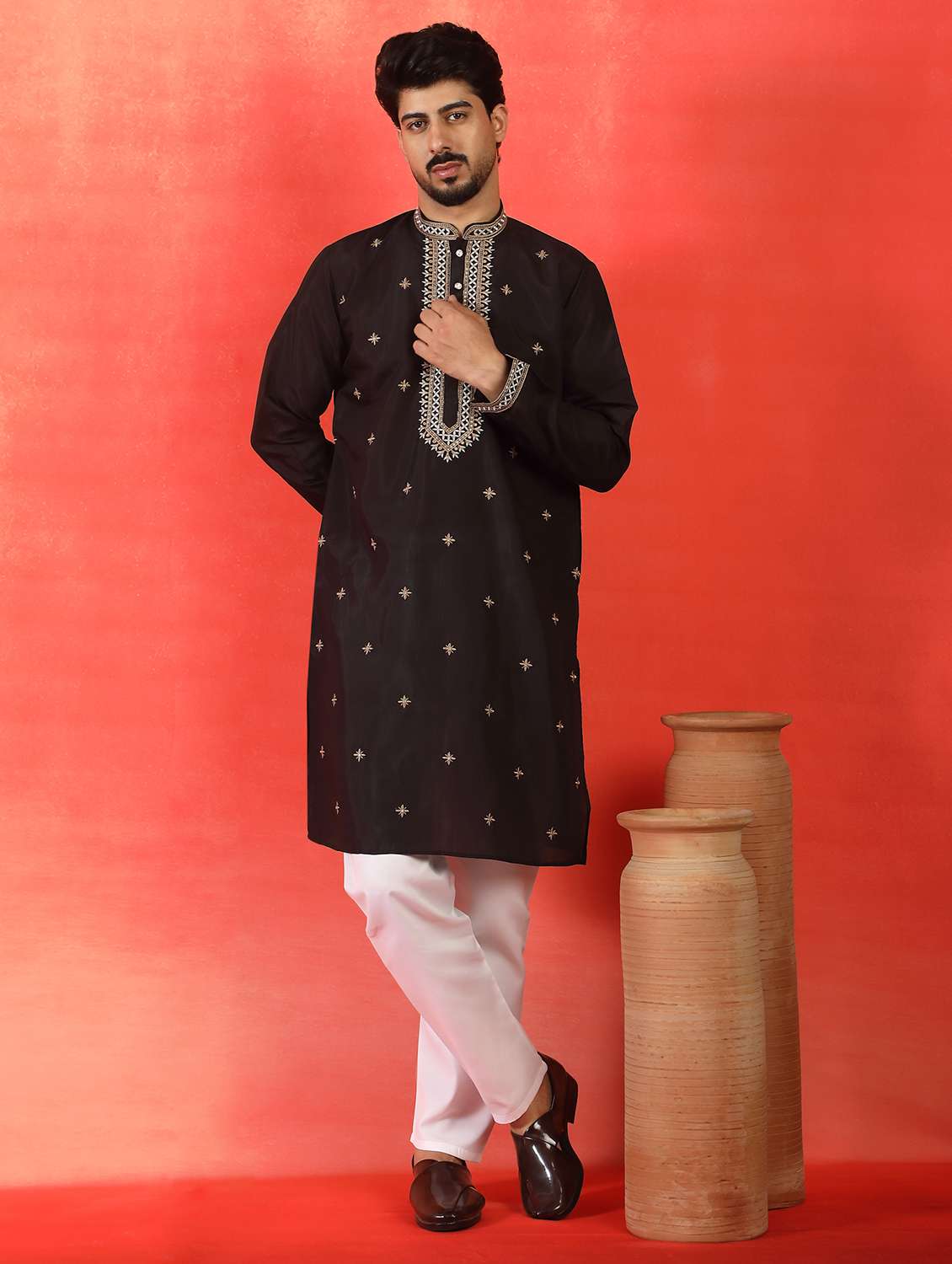 men solid with work mandarin neck long kurta