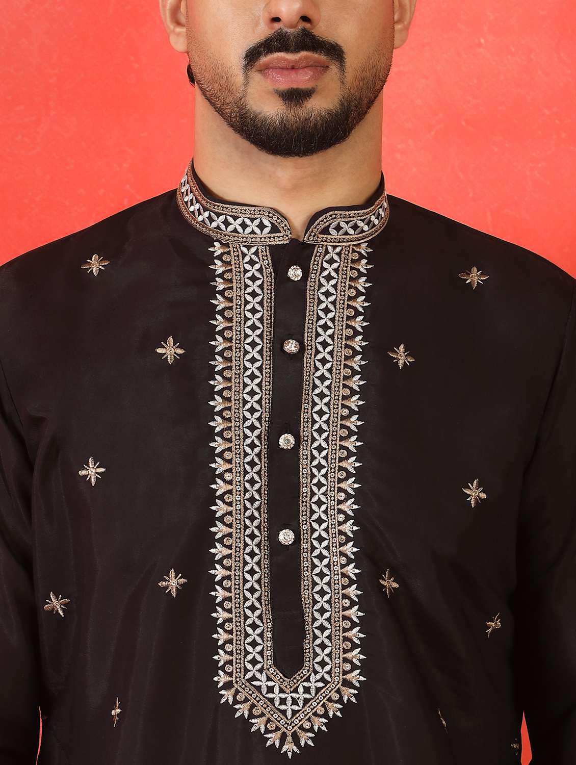men solid with work mandarin neck long kurta - 22619265 -  Standard Image - 1