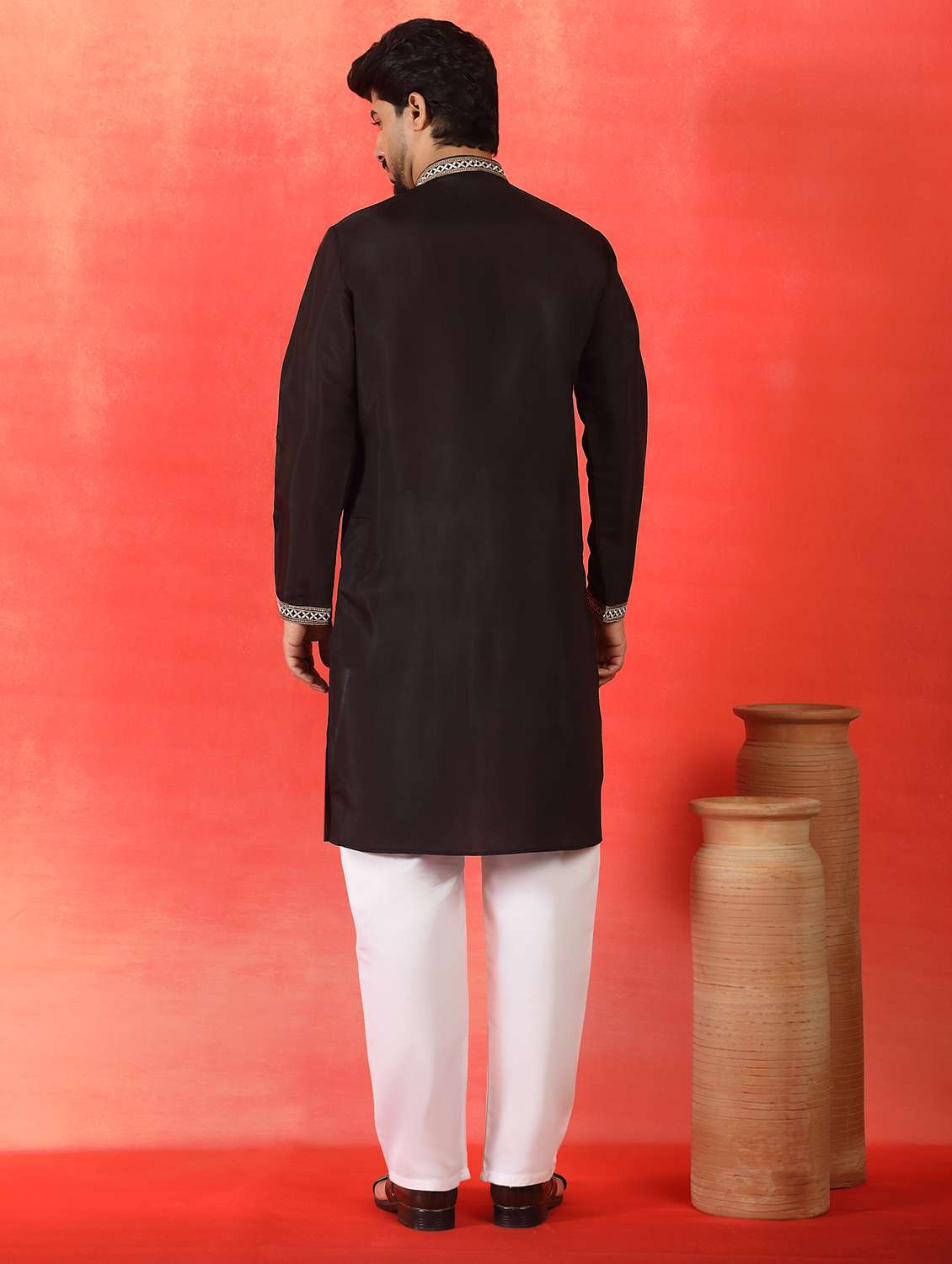 men solid with work mandarin neck long kurta - 22619265 -  Standard Image - 4