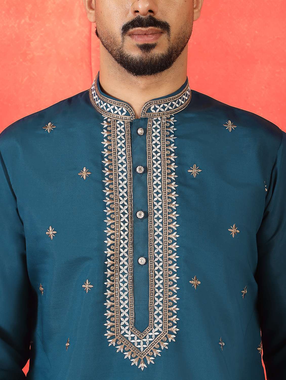 men solid with work mandarin neck long kurta - 22619266 -  Standard Image - 1