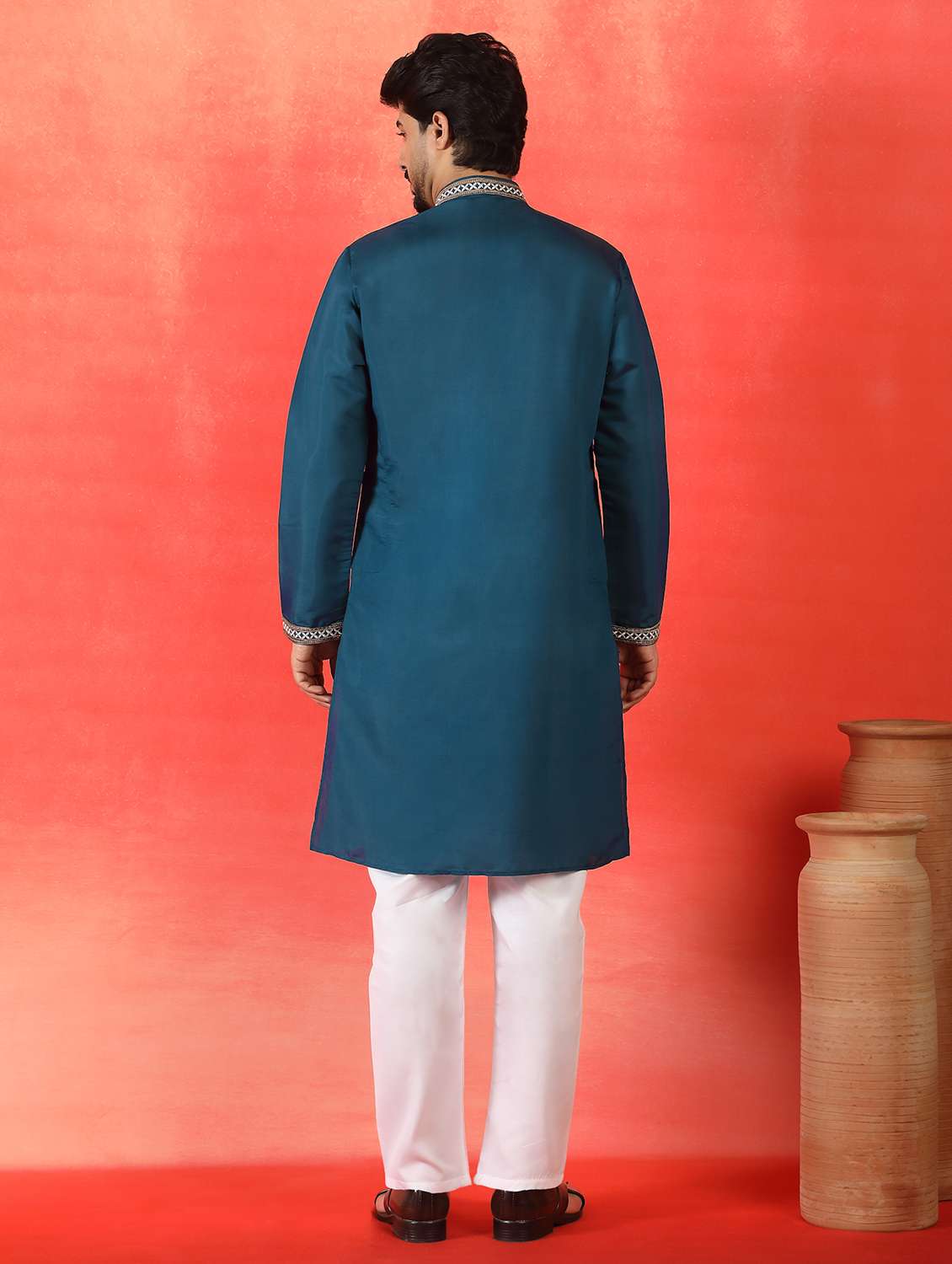 men solid with work mandarin neck long kurta - 22619266 -  Standard Image - 4